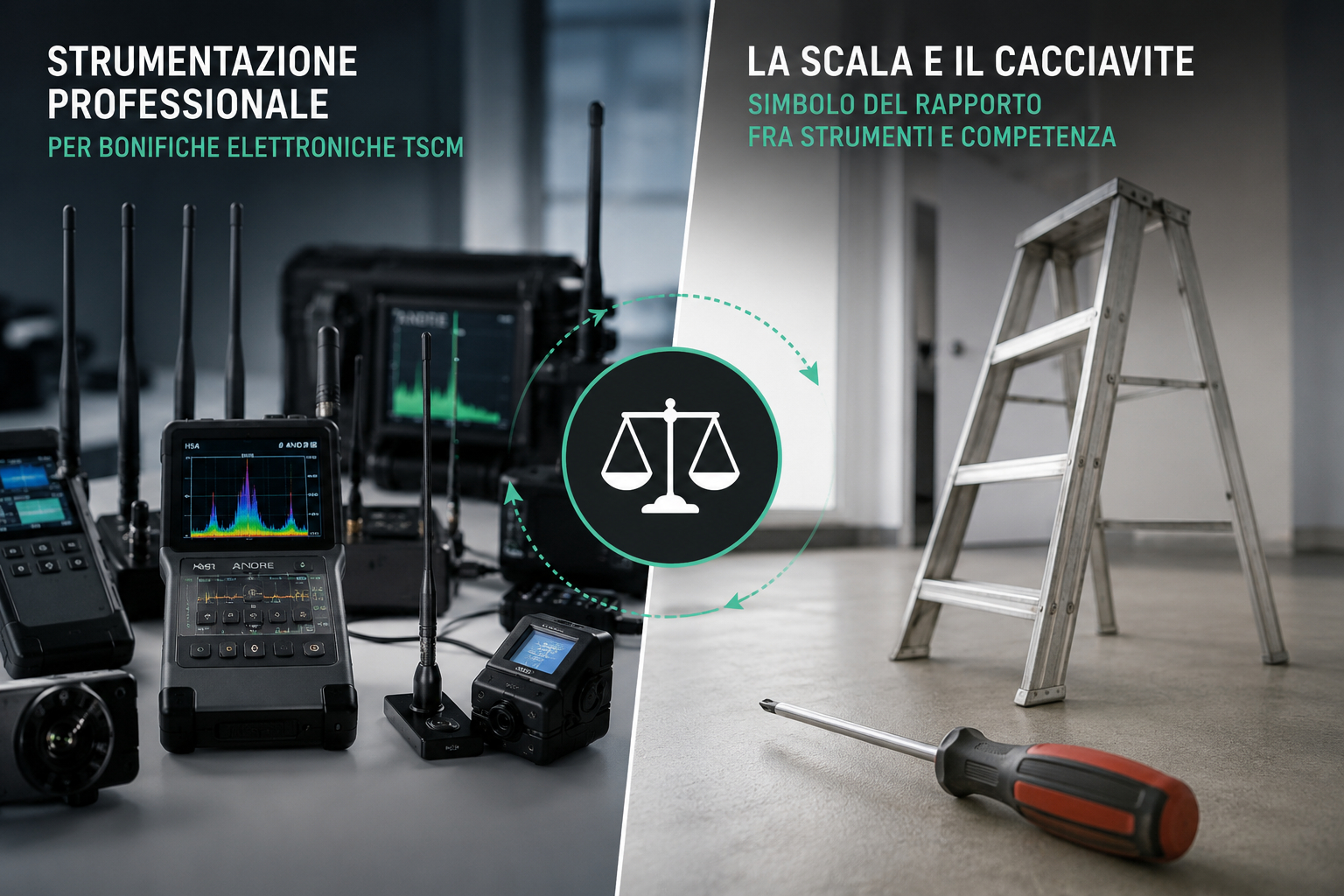 Strumentazione professionale per bonifiche elettroniche TSCM: analizzatore di spettro, NLJD, termocamera